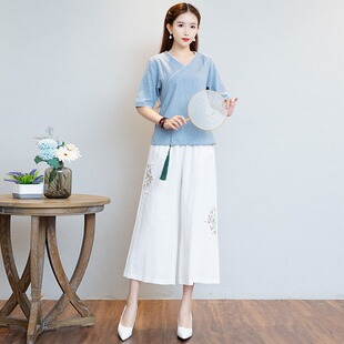 中国风新中式复古气质套装 V领茶道禅服 棉麻中袖+刺绣九分阔腿裤