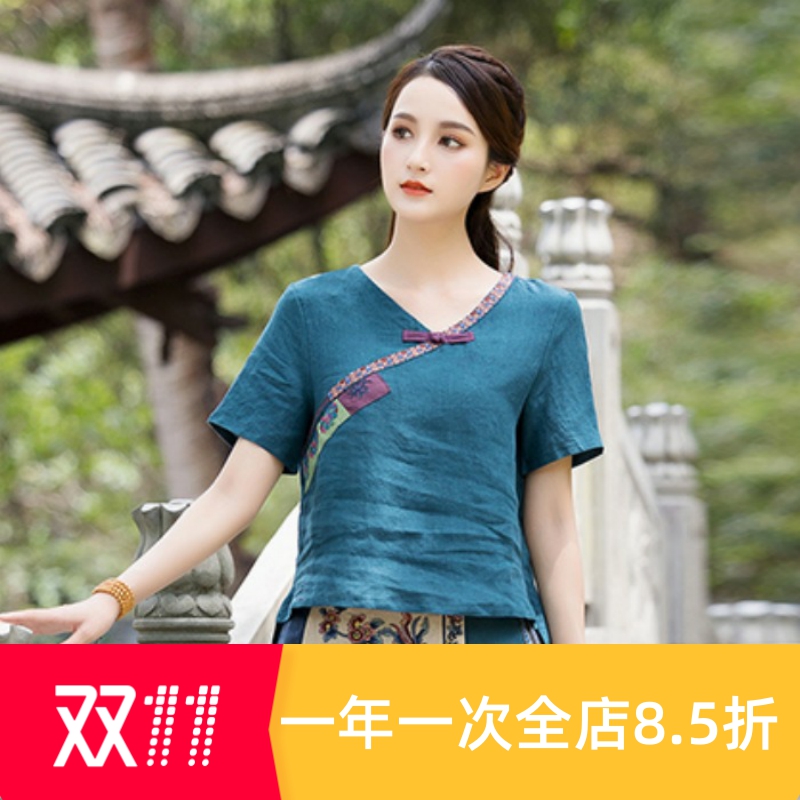 包邮 中国风复古纯亚麻上衣 简约休闲短袖 盘扣刺绣花V领 女T恤夏