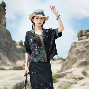 2025中国风夏季短袖上衣 缎面提花贴布刺绣花 中式复古个性衬衫