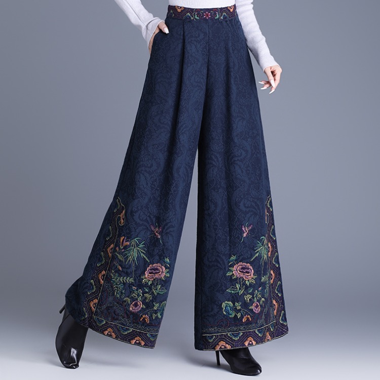 2025新中式复古秋冬长裤 松紧腰刺绣花阔腿裤 双口袋提花棉甩裤女