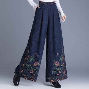 双口袋提花棉甩裤 松紧腰刺绣花阔腿裤 女 复古秋冬长裤 2025新中式
