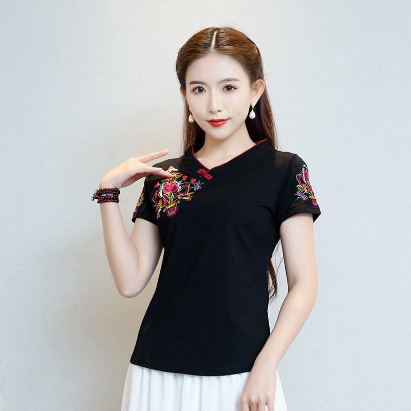 短袖中式复古刺绣花棉女T恤