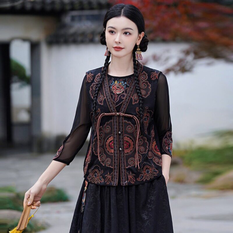 开衫民族风V领刺绣花女马甲