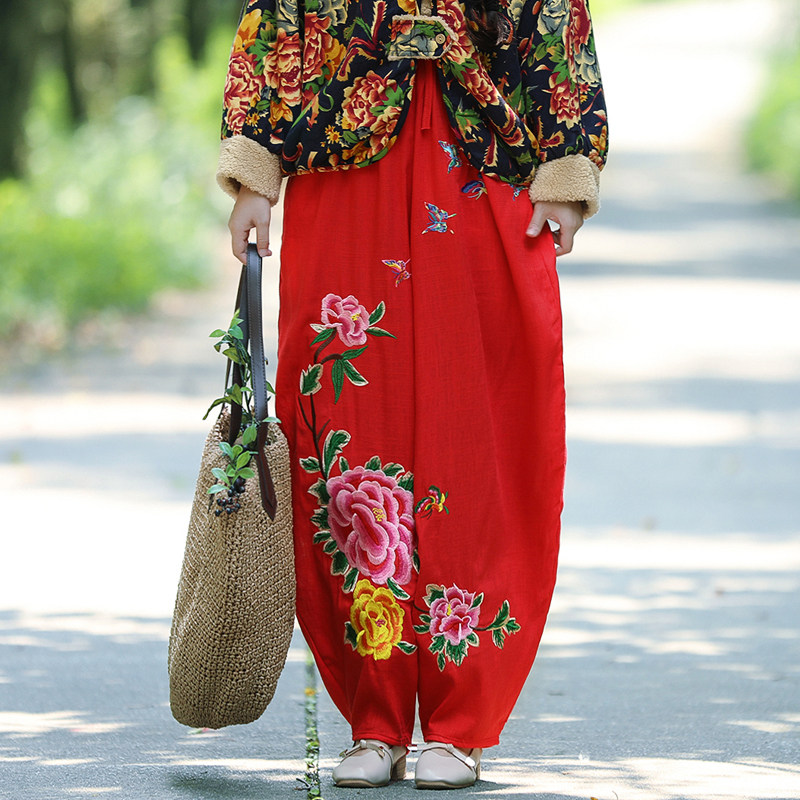 松紧腰中国风灯笼裤刺绣花长裤女