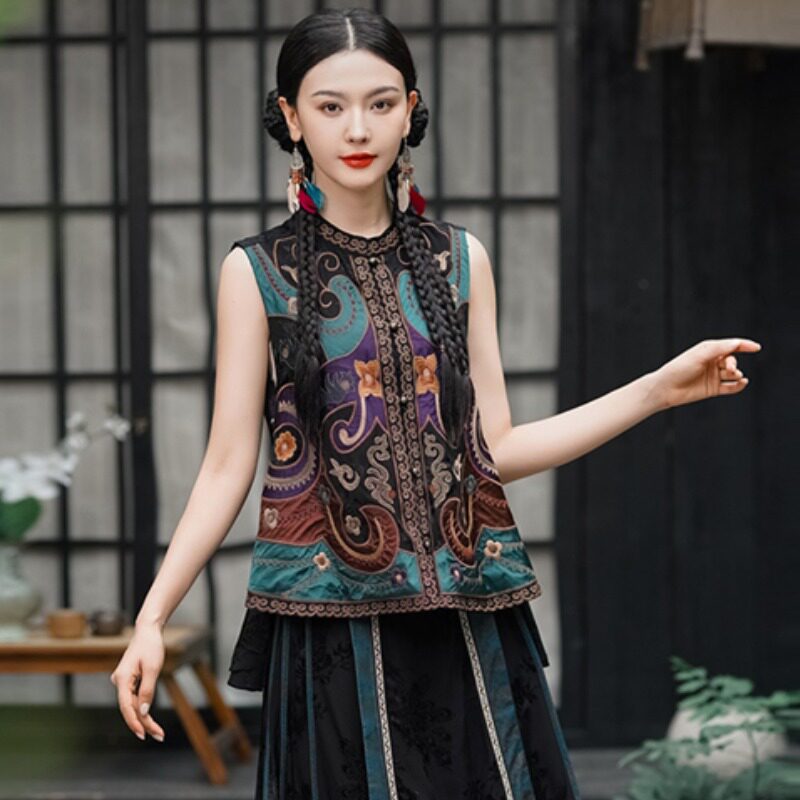 开衫新中式小立领刺绣女马甲