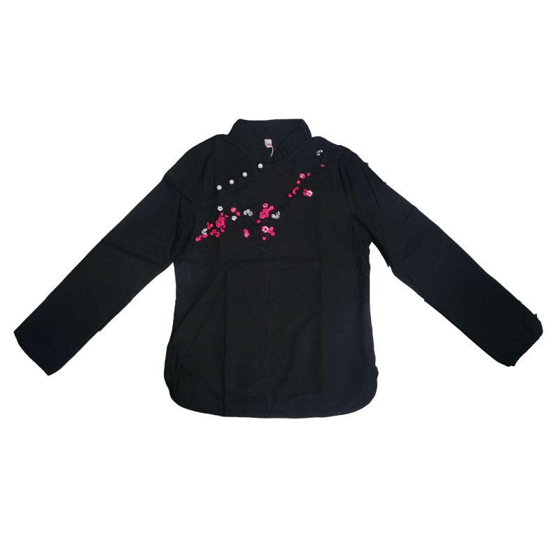 中国风复古气质立领刺绣梅花 长袖上衣 微弹棉麻禅服 小立领女T恤