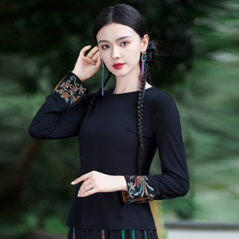 中国风秋季复古长袖 国潮刺绣简约上衣 圆领修身刺绣 百搭打底T恤