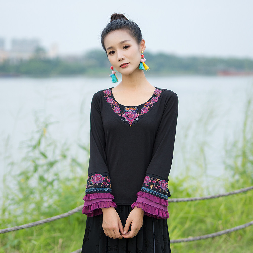 包邮绣花棉女T恤复古长袖