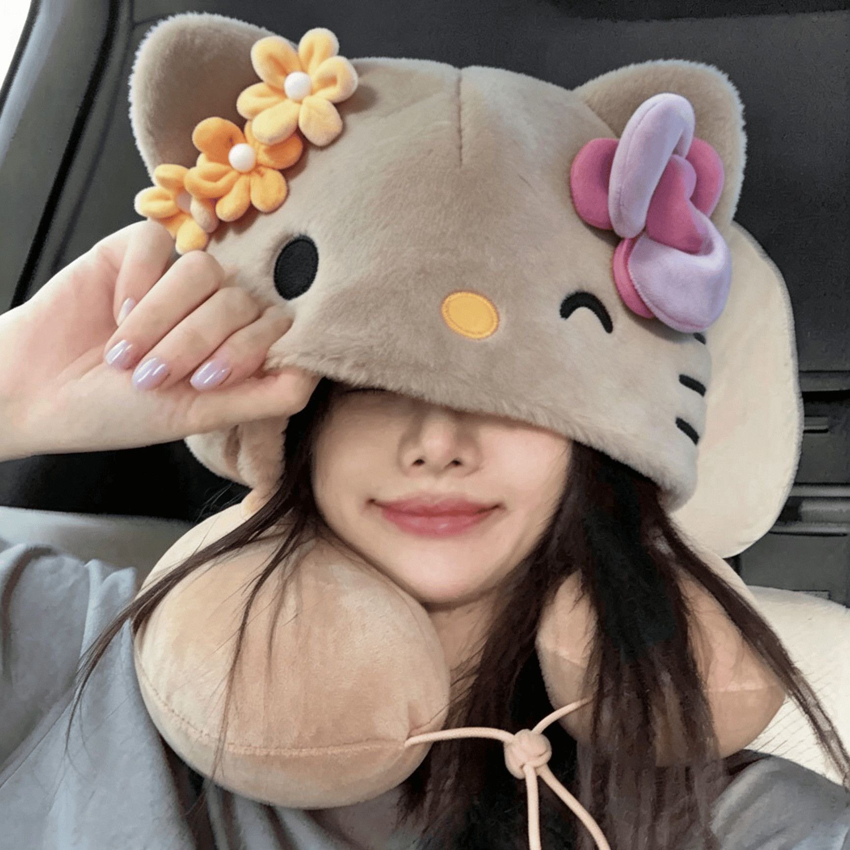 可爱HelloKitty卡通U型枕连帽护颈椎便携飞机旅行睡觉办公室午休