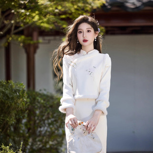国风两件套 新中式 淑女范绣花麂皮绒旗袍秋冬新款 保暖加绒优雅修身