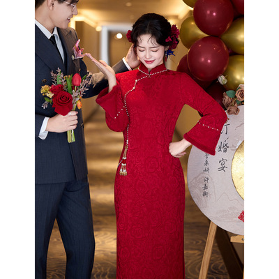 红色旗袍新娘冬装订婚结婚礼服敬酒服新中式婚礼回门冬季加绒加厚