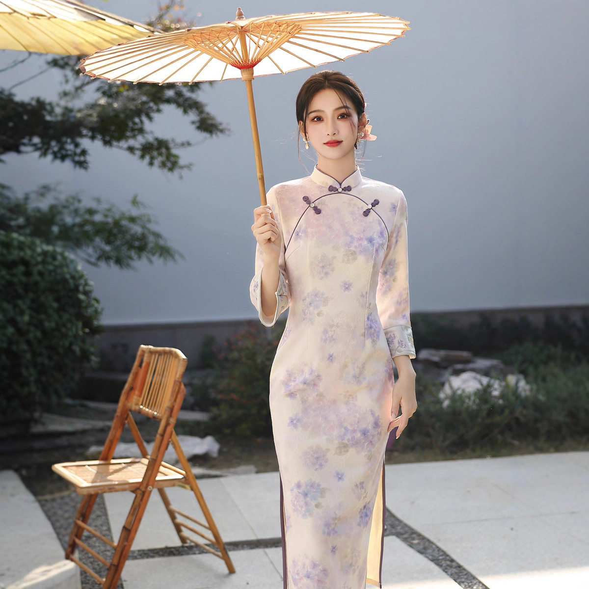 紫色国风新中式春秋长袖旗袍改良年轻款复古修身收腰连衣裙,女装/女士精品,旗袍,淘宝优惠券,粉丝福利购,淘宝优惠卷