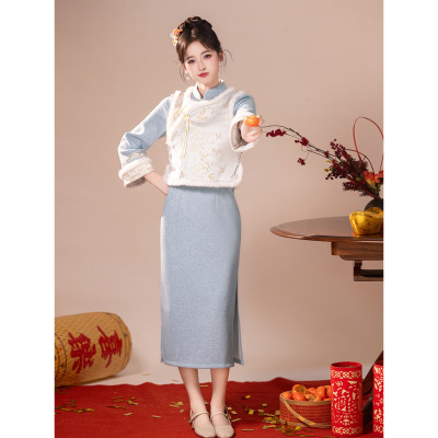 冬季旗袍加绒加厚2025新款冬装连衣裙套装复古气质新中式蓝色保暖