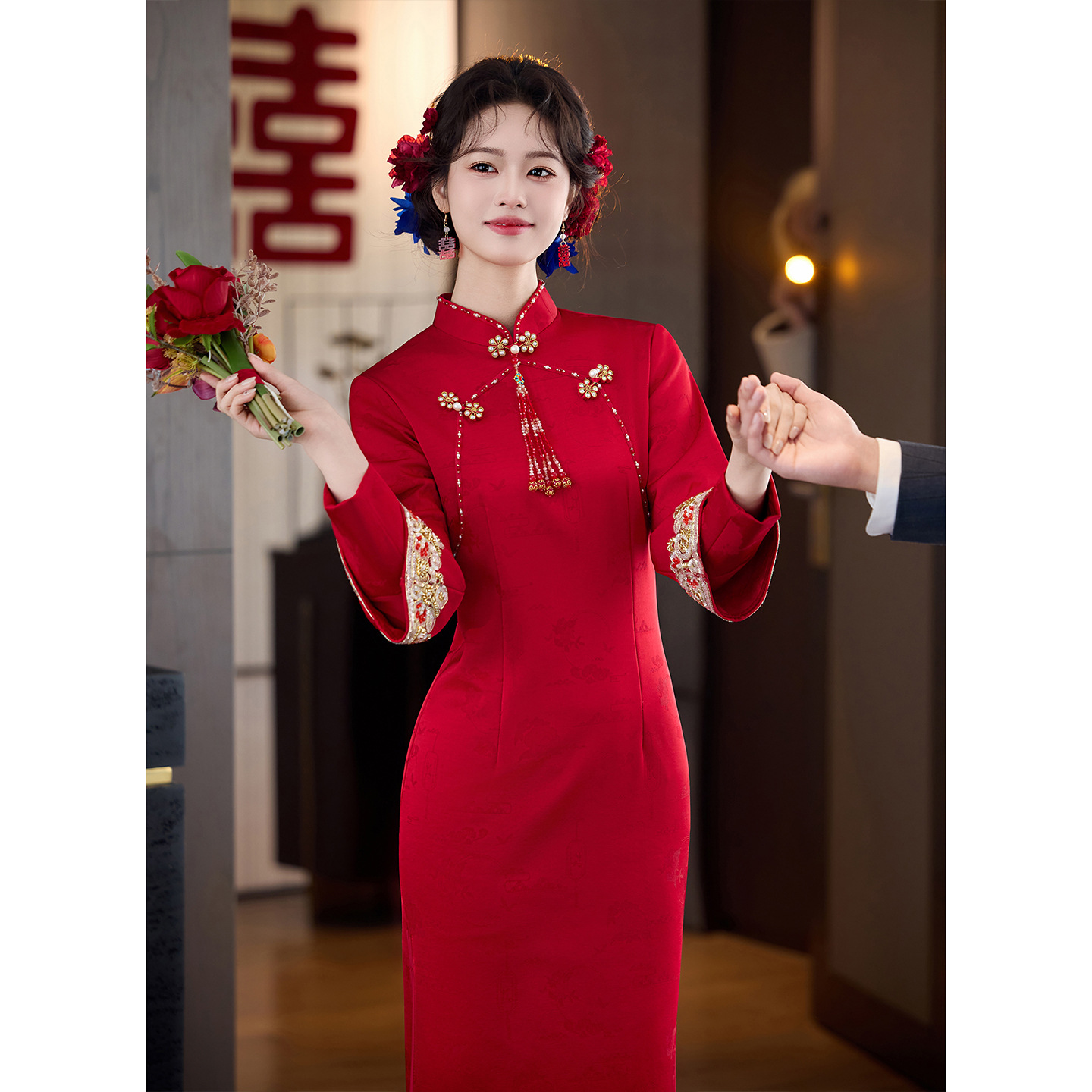 红色旗袍敬酒服新娘冬装订婚结婚礼服婚礼回门便装秋冬季加绒加厚