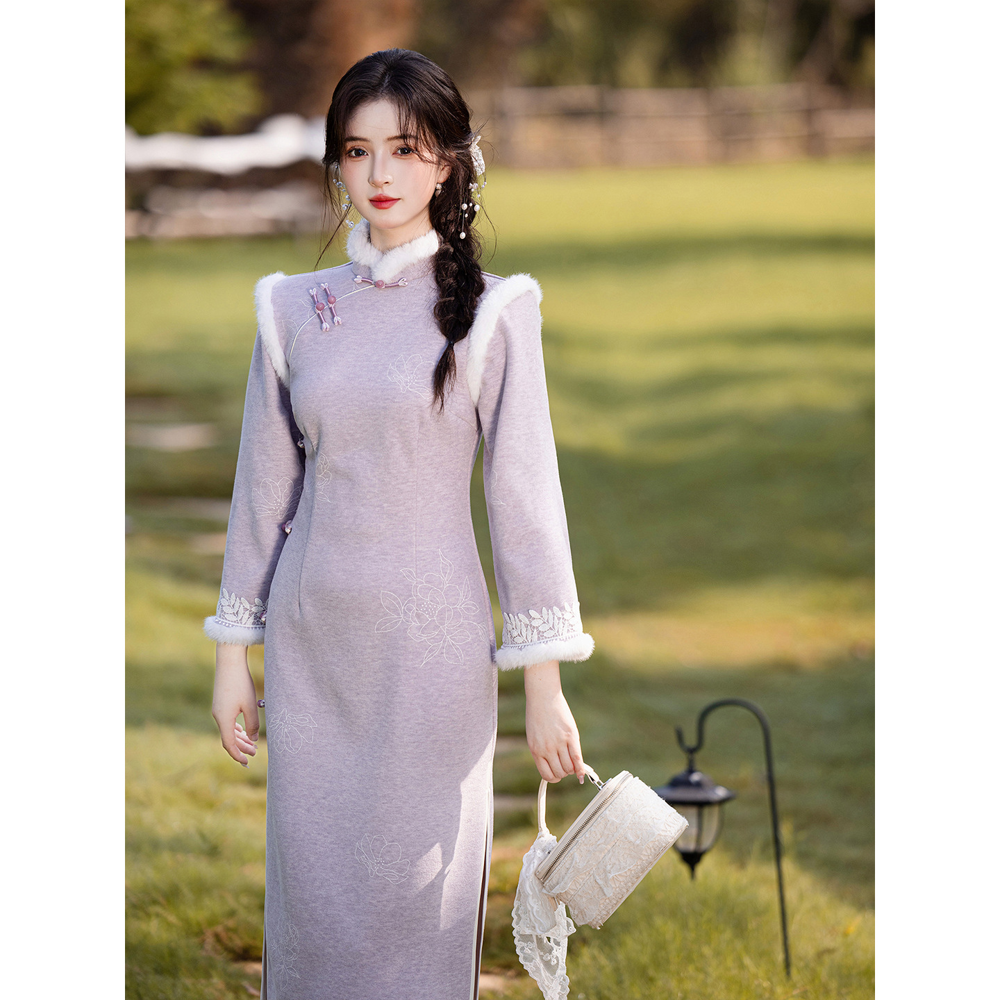 洛士博改良旗袍2025新款冬季加绒加厚新中式年轻修身紫色连衣裙