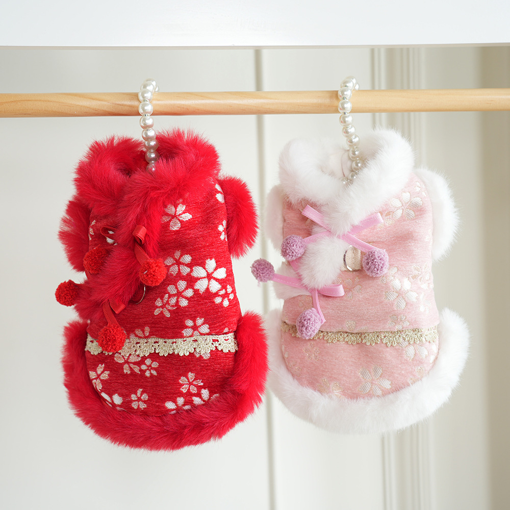 25秋冬！棒棒糖の小梅花雪尼尔唐装 狗狗新年装比熊拜年棉衣博美