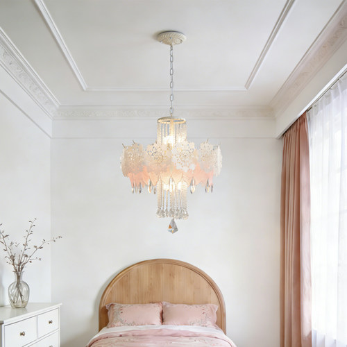 客厅吊灯法式轻奢高级感珍珠玻璃护眼2025年新款浪漫花朵水晶吊灯