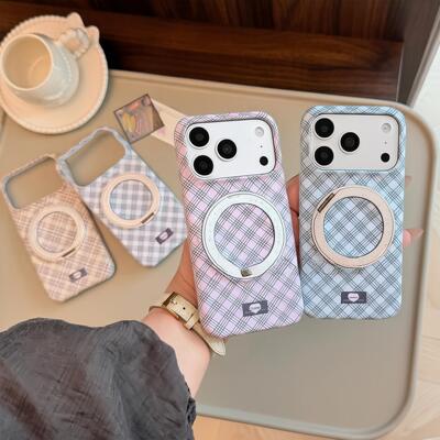 时髦格纹旋转支架磁吸适用iphone17pm手机壳苹果18高级15支点16硬