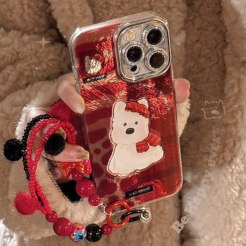 红格纹西高地适用18promax手机壳苹果iphone16立体卡通17挂链14硬