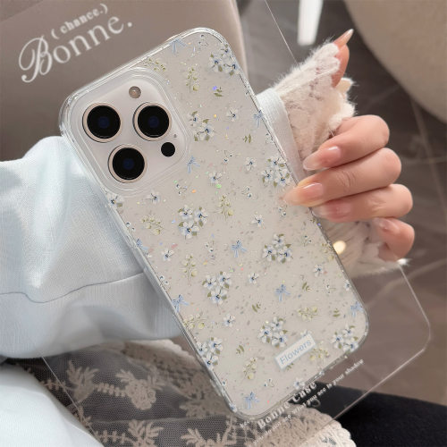 温柔蓝碎花适用苹果16promax手机壳17清新唯美iphone14闪粉11透明