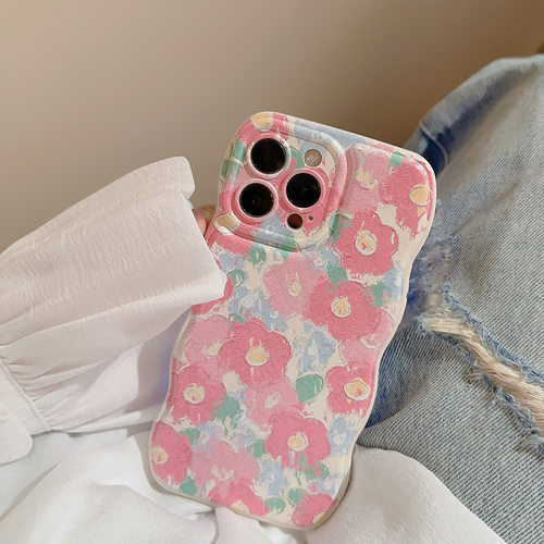 油画少女粉花朵iphone18苹果17promax手机壳波浪边13全包16适用11