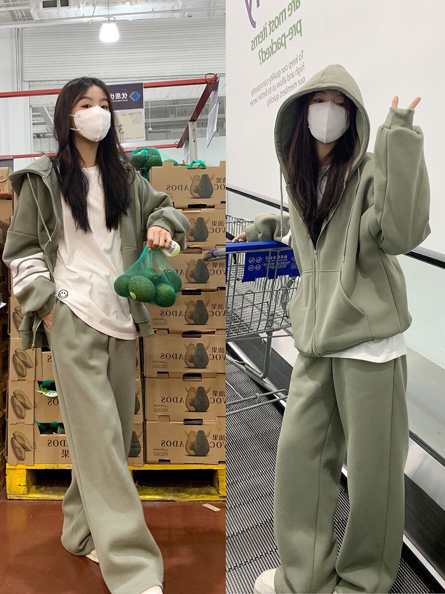 순수 코튼 플러스 벨벳 두꺼운 캐주얼 학생 운동복 정장 여성 가을 겨울 새로운 느슨한 운동복 투피스 러닝 세트