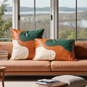 设计师款 真皮抱枕轻奢风撞色几何沙发靠垫皮革拼接护腰靠枕摆件