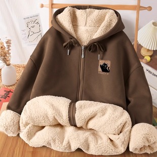 加绒加厚连帽卫衣女秋冬2024新款冬装羊羔绒开衫女款外套冬季上衣