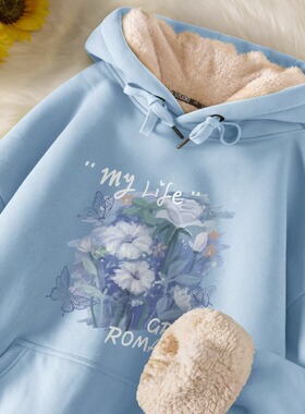 蓝色冬款厚卫衣女冬2024新款加绒加厚冬季羊羔绒秋冬连帽外套超厚