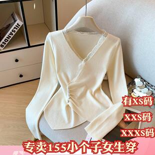 小个子女装春装150cm显高加小码XXXS蕾丝花边褶皱交叉V领打底衫女