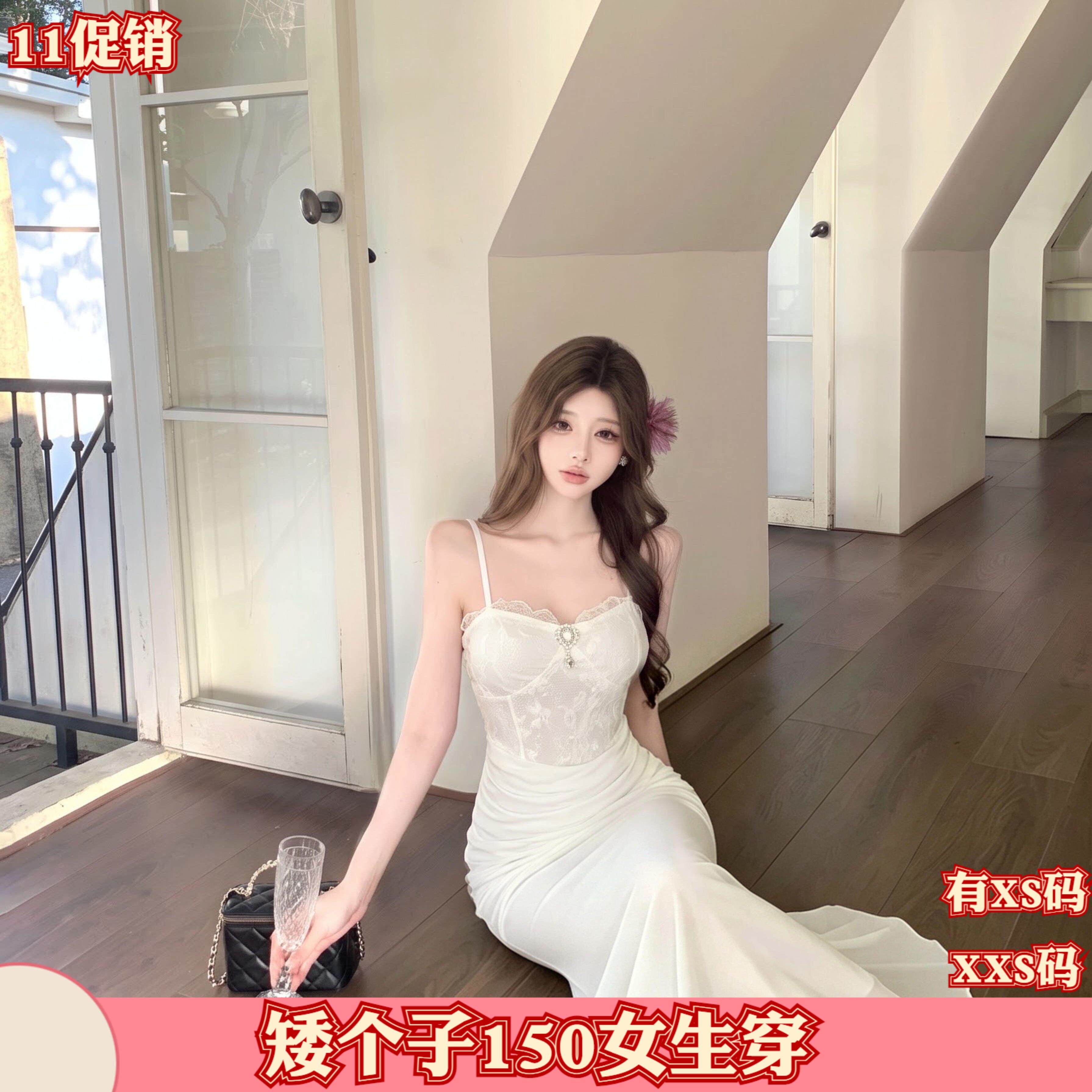 加小码女装秋季XXS小个子150cm新款蕾丝吊带高腰露背时尚连衣裙女
