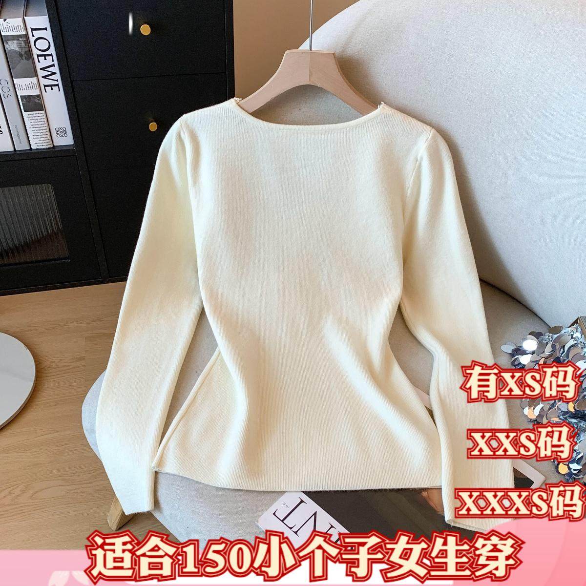 冬季女装矮个子娇小XXXS小个子显高V领蕾丝花边针织衫毛衣打底衫