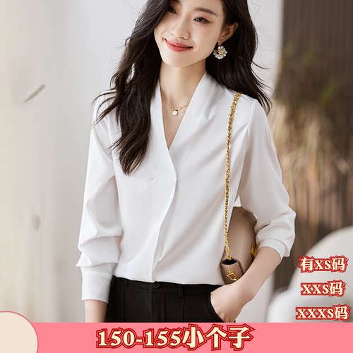 秋季矮个子150女装XXXS加小码155cm显高V领长袖女雪纺衬衫打底衫