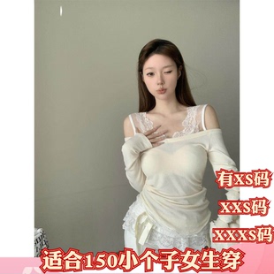 T恤女款 155小个子春装 XXXS蕾丝拼接露肩长袖 加小码 不规则 150女装