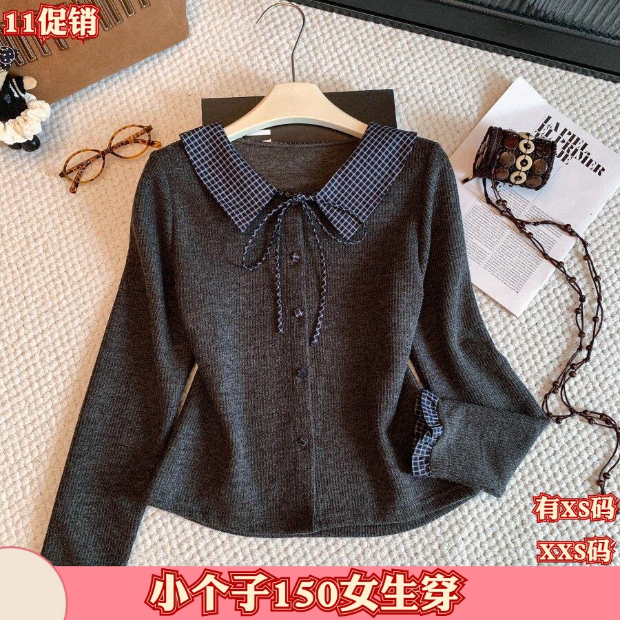 加小码XXS号秋装女装150cm小个子假两件格衬衫系带长袖女打底衫