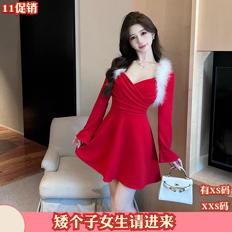 新款秋装155矮个子XXS150cm女装交叉V领长袖收腰时尚百搭裙连衣裙