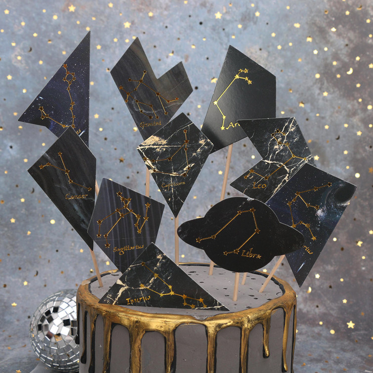 翻糖蛋糕装饰十二星座星空黑色大理石系列生日婚礼甜品台插牌插件