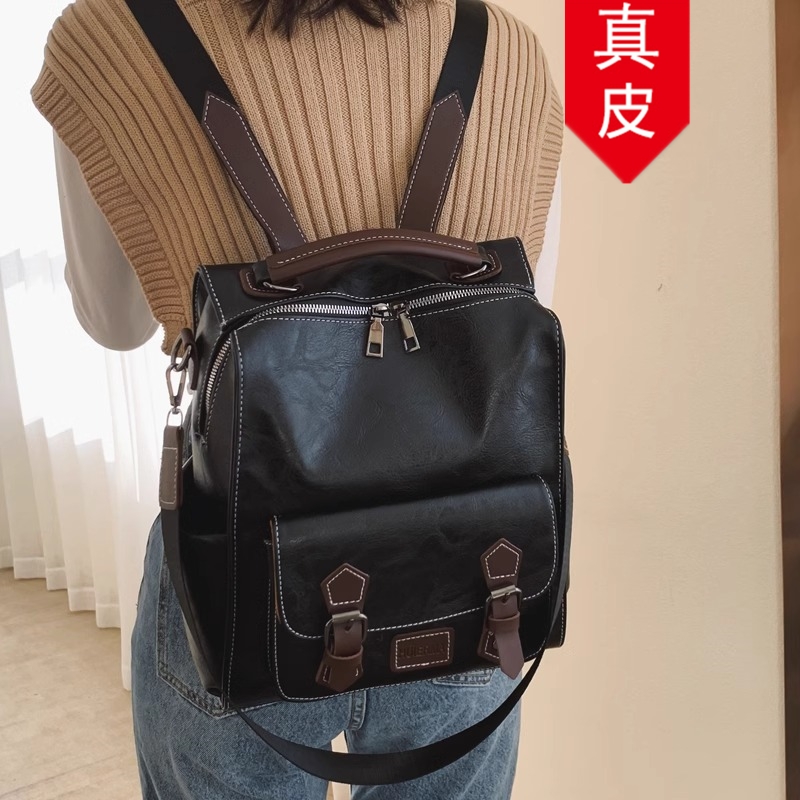 香港代购真皮复古双肩包背包