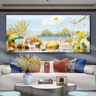 十字绣2025新款 金色发财鹿鹿九鱼图石来运转 线绣客厅简约大幅中式