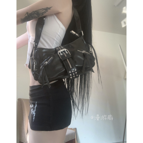 suzen韩国夏季新款朋克风拉链口袋扣带单肩包手提包女包黑色
