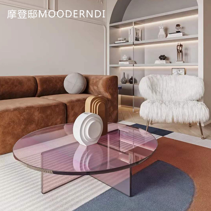 时尚浅紫色亚克力茶几现代简约置物茶台寂宅风矮圆桌客厅家用桌子