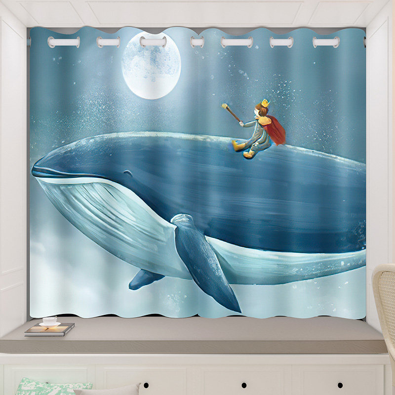 儿童房窗帘男孩北欧简约风客厅卧室飘窗遮光卡通鲸鱼背景短帘定制