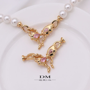 大蝴蝶微镶锆石万能收尾扣头珍珠扣14k贝珠包金diy手链项链配件