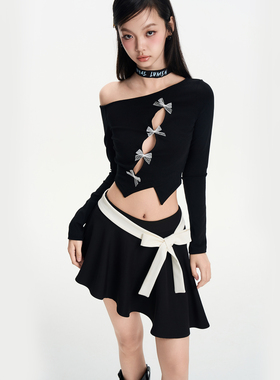 IUNAE LUMEN 2025早秋新款白蝴蝶结镂空斜肩上衣半身伞裙女套装