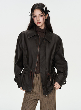 IUNAE LUMEN 2025秋冬新款酷感休闲风黑色皮衣女短款翻领拉链外套