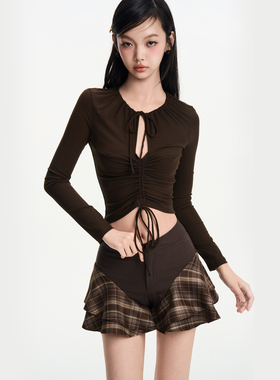 IUNAE LUMEN 2025早秋新款原创 镂空抽绳褶皱设计复古女针织长袖