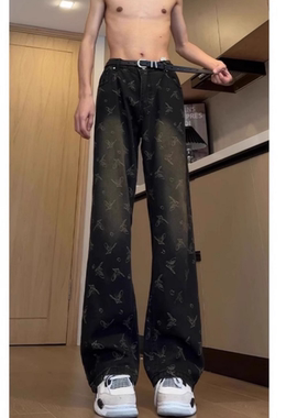 美式提花满印牛仔裤男女款直简痞帅高级感高街宽松休闲弯刀微喇裤