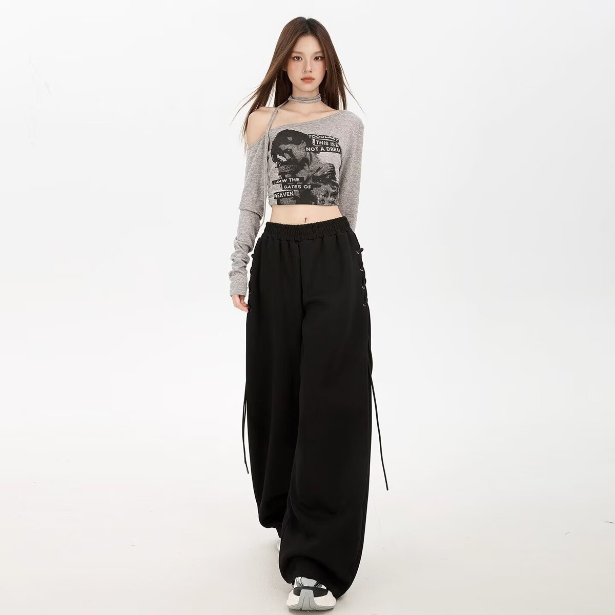 高腰微弹韩式运动裤秋季2025ins美式卫裤设计感爵士舞直筒休闲裤