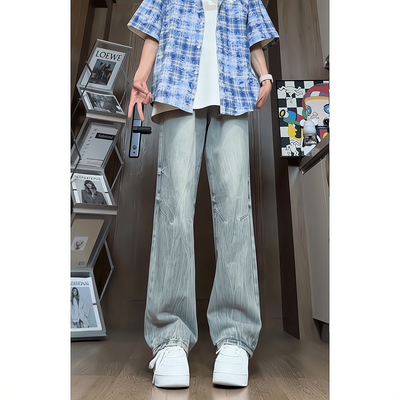 复古蓝牛仔裤男秋季美式高街vibe显瘦直筒微喇裤潮牌痞帅炸街裤子