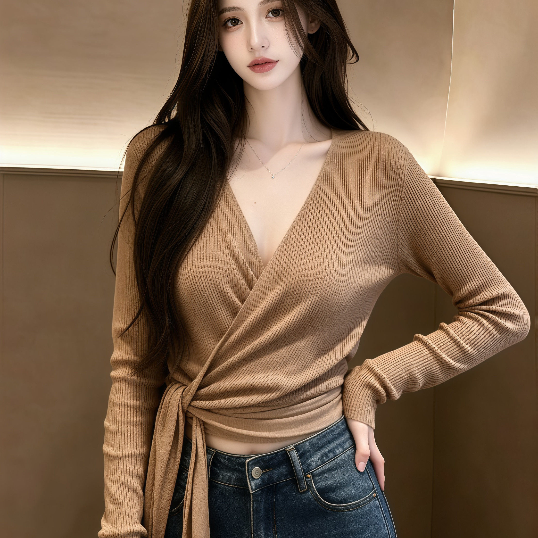 V领交叉一片式绑带收腰长袖针织衫秋款女装御姐穿搭独特别致上衣